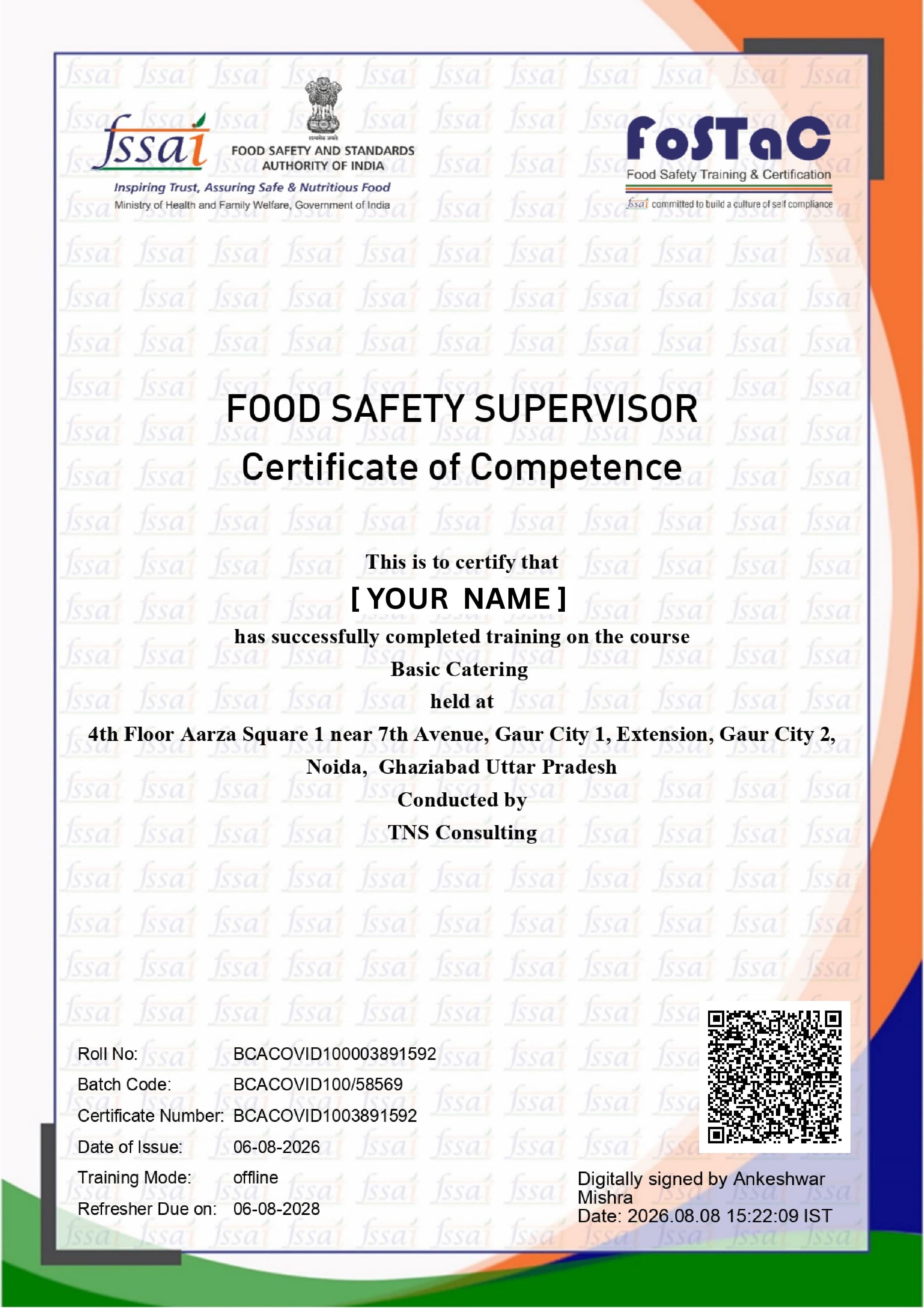 Sample FSSAI FoSTaC Food Safety Supervisor Certificate of Competence for the Basic Catering course, conducted by TNS Consulting, with a placeholder recipient name