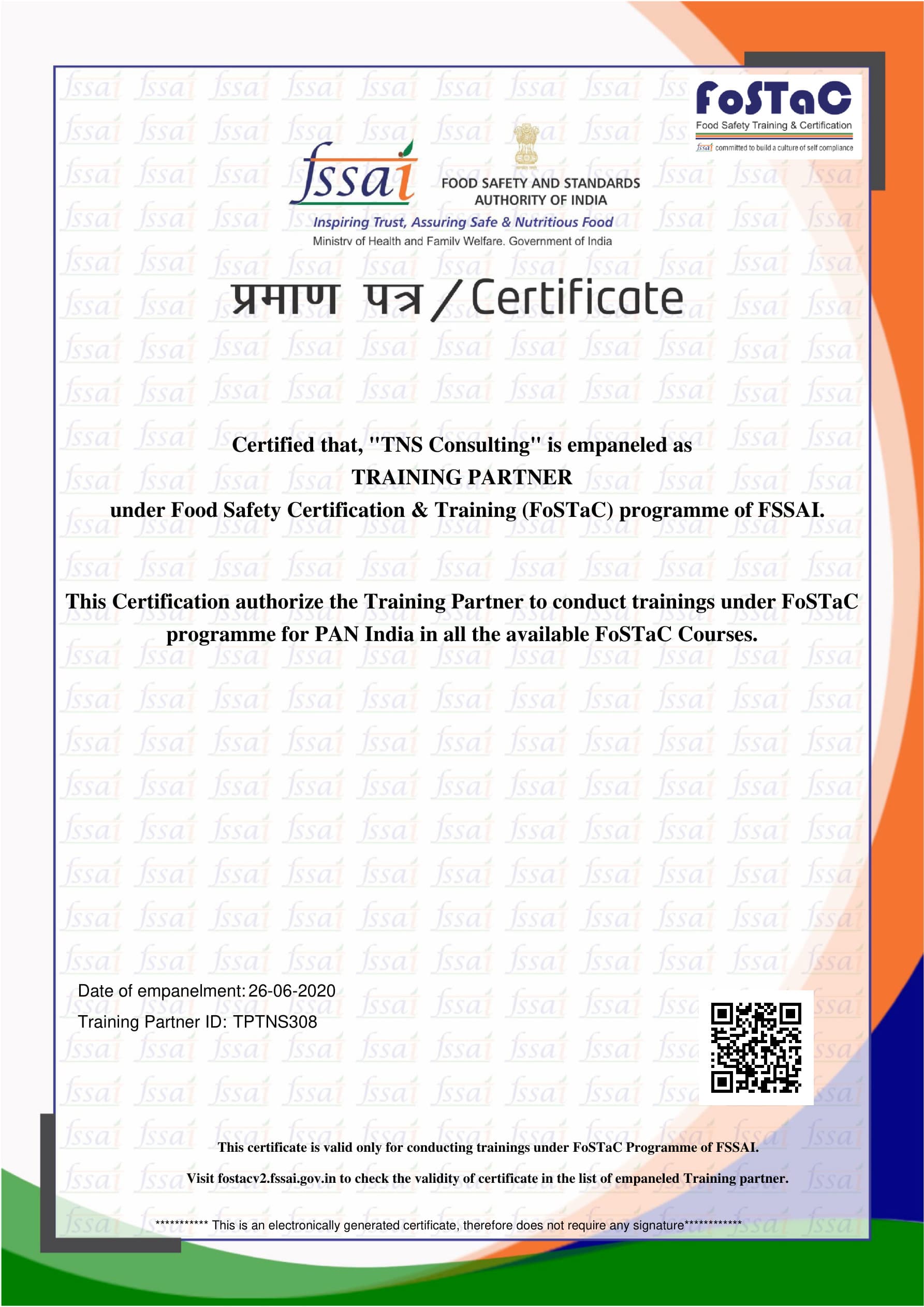 FSSAI FoSTaC Training Partner certificate for TNS Consulting, Training Partner ID TPTNS308, empanelled 26 June 2020